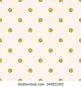 Pattern polka dot. Classic dotted seamless gold glitter pattern on peach background. 