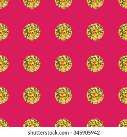 Pattern polka dot gold glitter  on pink background. Dotted seamless pattern.