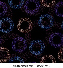 Pattern polka dot on black background.  Classic dotted seamless gold glitter pattern. Seamless vector illustration with pink and purple geometric shapes.