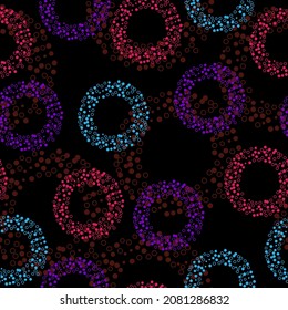 Pattern polka dot on black background.  The Memphis style. Geometrical figure. Seamless vector illustration with pink and purple geometric shapes.
