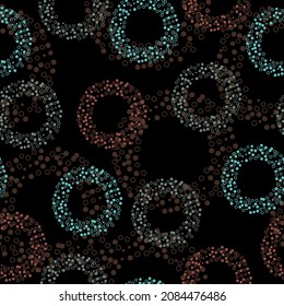 Pattern polka dot on black background.  Multicolored balloons on a black background. Vector illustration. Seamless vector illustration with pink and purple geometric shapes.