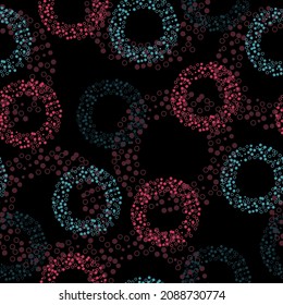 Pattern polka dot on black background.  The Memphis style. Geometrical figure. Seamless vector illustration with pink and purple geometric shapes.