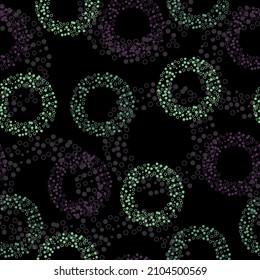 Pattern polka dot on black background.   Black background. Seamless vector illustration with pink and purple geometric shapes.