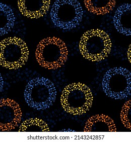 Pattern polka dot on black background.  Classic dotted seamless gold glitter pattern. Seamless vector illustration with pink and purple geometric shapes.