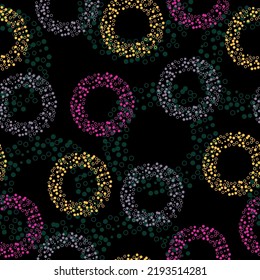Pattern polka dot on black background.  Classic dotted seamless gold glitter pattern. Seamless vector illustration with pink and purple geometric shapes.