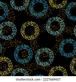 Pattern polka dot on black background.  Classic dotted seamless gold glitter pattern. Seamless vector illustration with pink and purple geometric shapes.