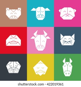 Pattern with polygonal animal heads. Animals triangle background. Animal low poly pattern. Vector origami animal pattern. Polygon farm animal pattern. 