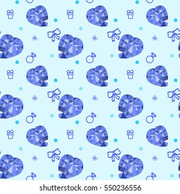 Pattern with polygons blue sunhine diamond heart. Valentine's Day. Vector background   diamond heart stone