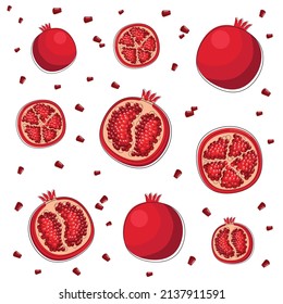 Pattern pomegranate with berries in cartoon style. Vector whole and parts sweet pomegranate isolated on a white background.