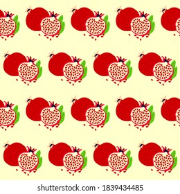 Pattern pomegranate fruit with leaves, hand drawn vector illustration