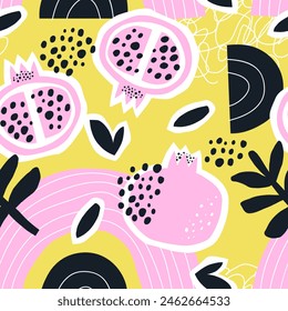  Seamless pattern with pomegranate fruits. Collage style. Vector illustration