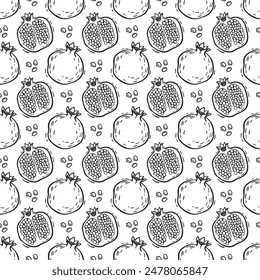 Patrón de frutos de granada y mitades de granada. Patrón gráfico de Vector sobre un fondo blanco en estilo gráfico. Para el diseño de envases de productos y cosméticos, textiles, Fondo de pantalla, papel de embalaje