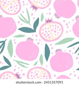  Seamless pattern with pomegranate fruits and seeds. Hand drawn style. Vector illustration