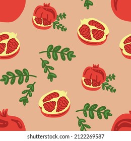 Pattern pomegranate. Seamless pattern with  pomegranate. Good for fabric, kitchen potholders, mitts, aprons, tablecloths, coasters. Whole, half,  leafs. Vector hand draw cartoon illustration.