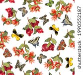 Pattern with pomegranates and butterflies.Branches with pomegranates and butterflies on a white background in a color vector pattern.