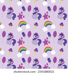 Pattern with a pony in a hat. Rainbow and ice cream in a pattern on a purple background. Wrapping paper