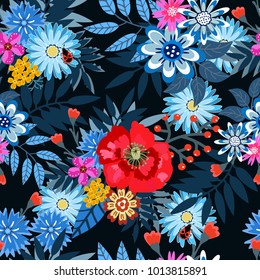 Pattern with poppies, daisies, cornflowers, carnations, yellow flowers. Floral, seamless on dark background. For textiles, Wallpaper, paper, backdrop, background, postcards. . Under olden time.