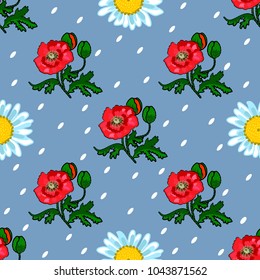 Pattern with poppies and daisies on blue background with whites spots. For textiles, background, Wallpaper, fabric, wrapping paper.