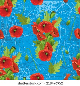 pattern with poppies on a blue background. vector illustration