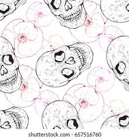 Pattern with poppies and skulls