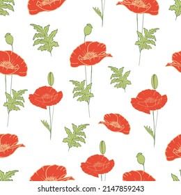 Pattern with poppies, vector color print on a white background. Suitable for printing on fabrics, website design. EPS10