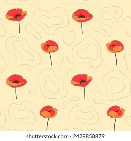 Pattern of poppy flowers and abstract lines on a delicate yellow background