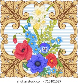 Pattern with poppy flowers, daffodils, anemones, violet