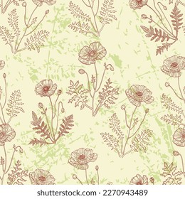 Pattern of poppy flowers. Floral abstract seamless patterns. Vector design for different surfases. Ink Drawing with Texture.