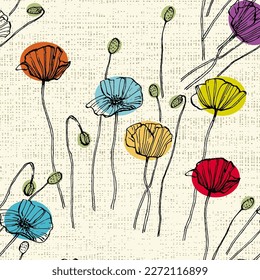 Pattern of poppy flowers. Floral abstract seamless patterns. Vector design for different surfases. Ink Drawing with Texture.