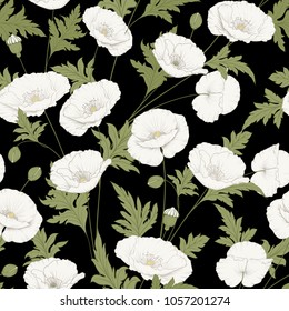 Pattern of poppy flowers on a black background. Vector illustration.
