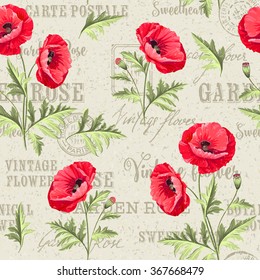 Pattern of poppy flowers on a white background. Backdrop of postal stamps and postmarks, gray background. Vector illustration.
