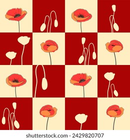 
Patrón de flores de amapola sobre un fondo amarillo y patrón de tablero de ajedrez rojo