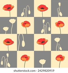 
Pattern of poppy flowers on a yellow background and gray checkerboard pattern