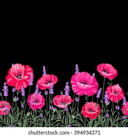 Pattern of poppy flowers over black background. Luxurious color poppy flowers. Textile for a vintage label design. Vector illustration.
