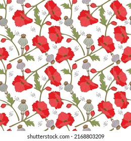 Motif Fleurs de Pavot graines et pavots, illustration dessinée à la main, arrière-plan blanc. Illustration vectorielle