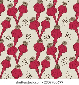 Paquetes de semillas de amapola Viva Magenta, doodle estilizado dibujado a mano. Ilustración del vector