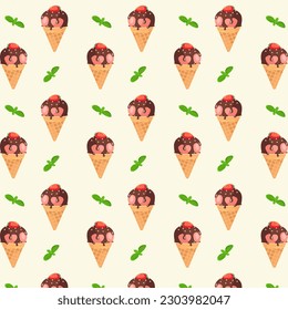 Pattern popsicles in a waffle cone covered in chocolate with strawberries and mint leaves. Light flat outline vector background. Cartoon style illustration for packaging design, textile, background,