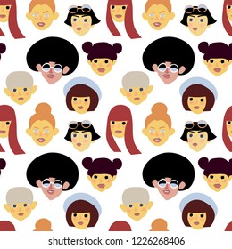 pattern with portraits of girls of different nationalities, seamless vector pattern on a white background