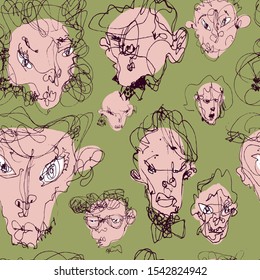 A pattern with portraits of people drawn in one line and spots of faces. Color vector illustration. Can be used for gift wrapping, fabric, poster, print, postcard, wallpaper.