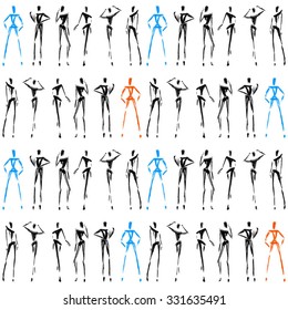 Pattern of posing fashion models. Sketch. Vector illustration. Isolated.