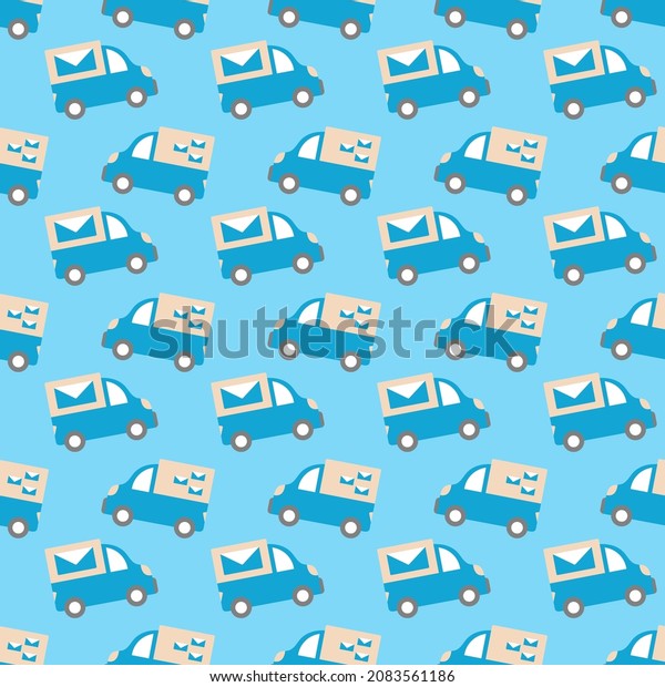 Pattern with post vans. Mail delivery cars. Baby\
cute blue print with cartoon vehicles for design of fabrics,\
bedding, cover for boys. Regular ornament for wallpaper in nursery.\
Illustration for kids.