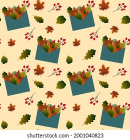 Pattern with postal envelope and autumn leaves. Vector illustration. For use in prints, packaging, shops, cafes and restaurants, flyers, promotions, covers and brochures.