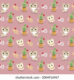pattern postcard banner cartoon cat and cactus cute happy smile vector illustration background