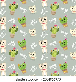 pattern postcard banner cartoon cat and cactus cute happy smile vector illustration background 