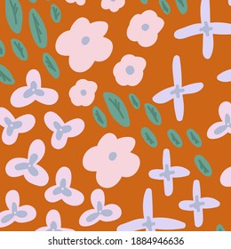 Pattern, a postcard of spring flowers on a red background. Illustrations of nature, flowers, and leaves are hand-drawn in the doodle style. Texture for textiles natural Spring motifs. Picture for