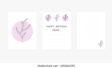 Pattern for postcard. Template for letter with beautiful minimalism flovers. Happy Birthday. Vector illustration