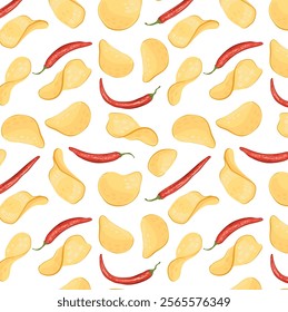 Pattern of potato chips and chili peppers. Vector seamless background for salted chips with red pepper. Wallpaper for packaging, quick snack, advertising, decor.