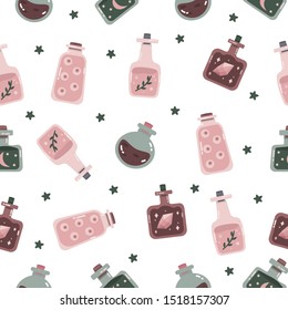 Pattern potion bottles stickers halloween . Halloween jar sticker set.Magic potion with  eyes, plant , boobles, diamond, moon and stars . Many type different wizard hand drawn cartoon poison bottles