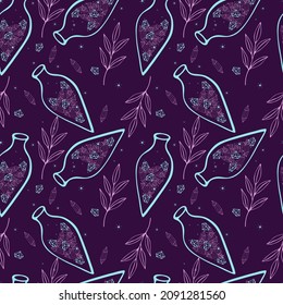 Pattern Tränke Kristalle magische Flasche Hexerei Magie, doodle Boho Stil. Vektorgrafik