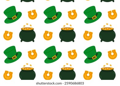 Pattern of pots of gold, leprechaun hats, and golden horseshoes on a white background. Great for festive designs, holiday cards, and digital decorations.